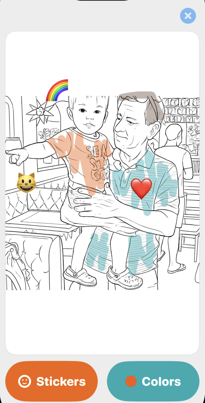 Land Far Away drawing screen showing a colored-in drawing with stickers